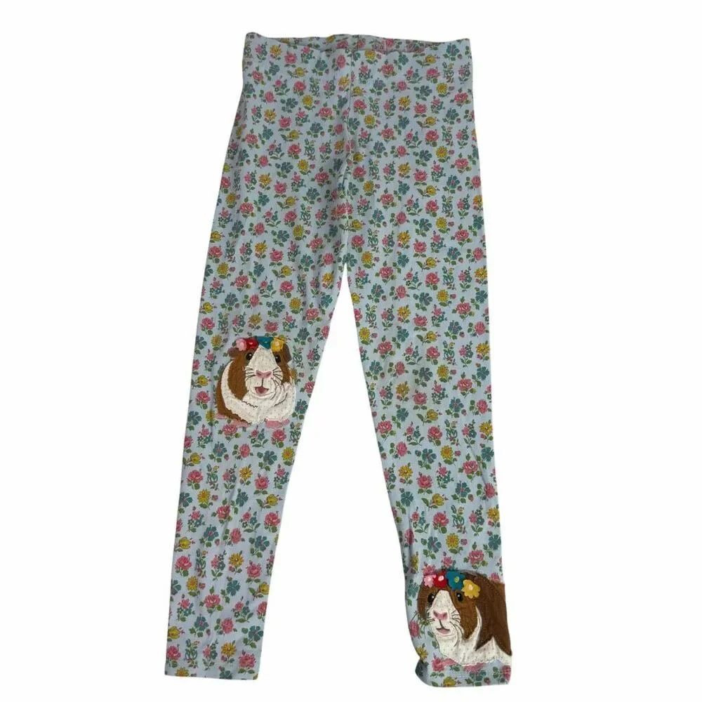 Mini Boden Fun Appliqué Leggings Blue Floral Hamster Size 6-7